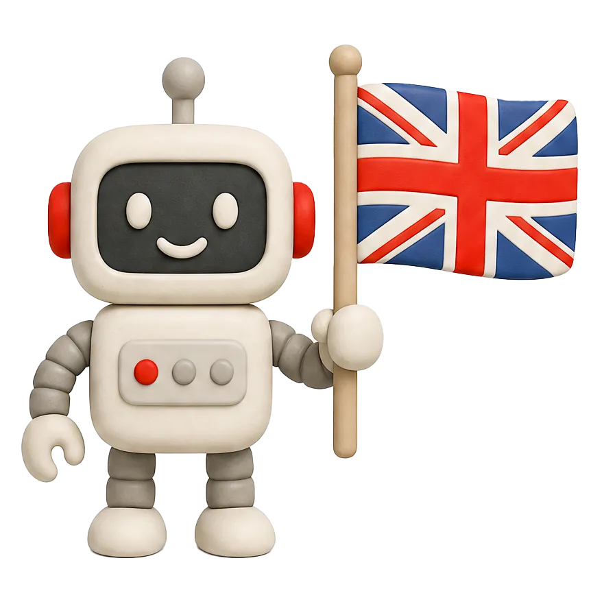 Plastelínový robot s britskou vlajkou